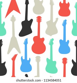 Seamless different shapes and colors guitars pattern on white background, vector illustration