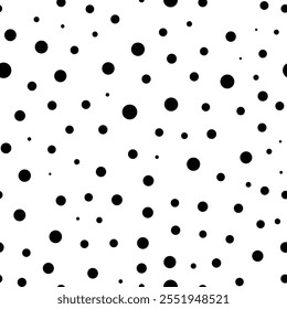 Seamless different size of black circle on white background. Seamless polka dot black and white pattern. Monochrome Scandinavian backgrounds of simple primitive with dots. EPS Vector illustration
