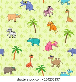 Seamless different south animals and plants pattern with cartoon elephant, camel, zebra, rhinoceros, hippopotamus, lion, giraffe and palm. Palms  background can be used as a separate seamless pattern