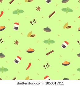 seamless different spices pattern (cardamom, cinnamon, pepper, anise, jalapeño, cumin, basil)