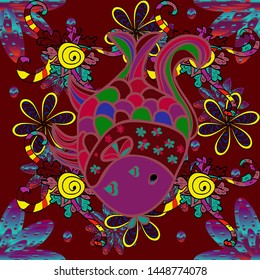 Seamless. Of different types of fish. Cute fishes on red, purple and blue colors. Freshwater fish set. Vector illustration.