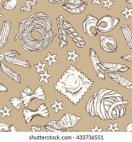 Seamless with different types of pasta, plate with pasta and fork with pasta. hand drawn