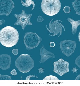 Seamless different and unique radiolaria shapes pattern, set 1