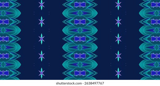 A seamless digital abstract pattern with mirrored neon blue and green shapes on a dark background.