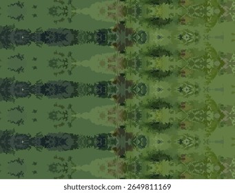 Seamless digital artwork featuring a stylized, mirrored pattern of lush green shrubs and foliage. This abstract botanical texture uses natural forest tones and symmetrical repetition, perfect for eco