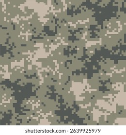 Seamless digital camouflage pattern in military style. Pixel army texture in green, beige, and black colors. Perfect for backgrounds, fabrics, uniforms, and tactical designs