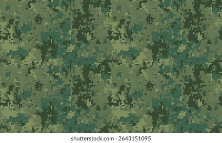 Seamless digital camouflage pattern.  Perfect for military, hunting, or gaming backgrounds.  Earthy greens and browns create a realistic, blended effect. Ideal for textiles, website design, and more.