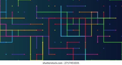 Um fundo de circuito digital sem costura com linhas de néon brilhantes conectando vários nós, ilustrando uma rede de tecnologia complexa.