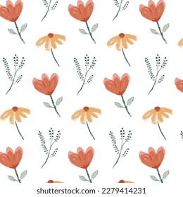 Seamless digital drawn pattern of flowers. Hand drawn pastel crayon texture colorful cute daisy, leaves, orange, and flower design. Perfect for spring wallpaper, background, fabric, textile, fashion