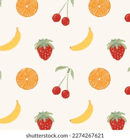 Seamless digital drawn pattern of fruits. Hand drawn pastel crayon colorful fresh fruit, banana, orange, lemon, cherry and strawbery design 