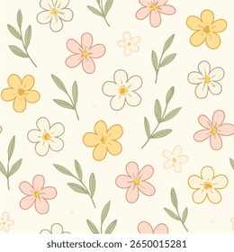 A seamless digital floral pattern featuring minimalist pastel flowers in soft pink, off-white, and yellow with elongated sage green leaves on a subtle beige background. 
