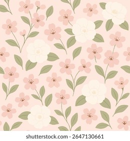 Um padrão floral digital sem costura com flores de cerejeira rosa macia e camélias brancas, emparelhadas com folhas verdes sábias, projetado em um estilo plano e minimalista