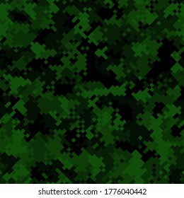 Seamless digital forest pixel camo texture for army or hunting textile print. Vector digital military camouflage pattern. Dark wood leaves and deep green grass color palette