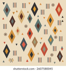 A seamless digital illustration featuring a retro geometric pattern with colorful diamond and triangle shapes, earthy tones. Perfect for backgrounds, wallpapers, textiles, and vintage inspired.