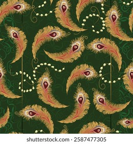 A seamless digital paisley pattern with golden peacock feathers, pearls, and ornamental layer on a deep green background. Ideal for textiles, branding, and luxury decor.