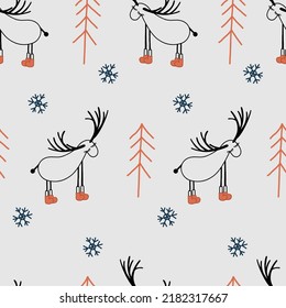 Papel digital transparente para niños. Patrón sin foco con ciervos. Reno. Estilo escandinavo. Fondo gris claro.Ilustración vectorial moderna para el diseño textil y de tela.