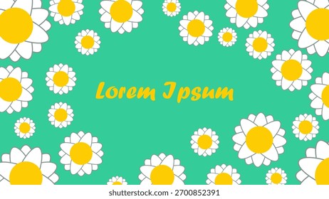 A Seamless Digital Pattern Composed of Repetitive, Symmetrical, White and Yellow Stylized Daisy Flowers Repeated Across a Uniform, Solid Mint Green or Teal Background