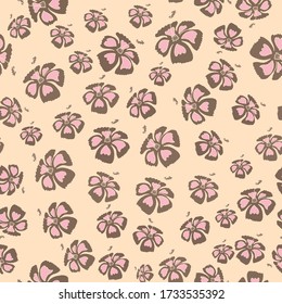 Nahtloses digitales Muster mit exotischen Blumen, Hibiskus. Rosa, beige Farben. Vintage Stil im Web, Hintergrund, Hintergrund. 