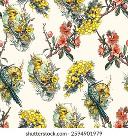 Seamless digital pattern featuring hand-drawn birds, flowers, blooming branches, and vintage-inspired botanical elements, perfect for textiles, wallpapers, and decorative designs