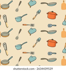Seamless digital pattern featuring hand-drawn kitchen utensils and cookware, including pots, pans, whisks, ladles, cutting boards, and spatulas. Colorful and playful flat style illustration 