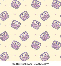 A seamless digital pattern featuring pastel-colored calculators on a light yellow background with polka dots, ideal for math and education designs, Vector Illustration