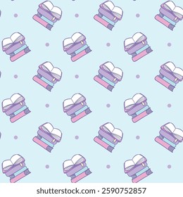 A seamless digital pattern featuring pastel-colored stacks of books, some open, on a light blue background with polka dots, perfect for education-themed designs, Vector Illustration