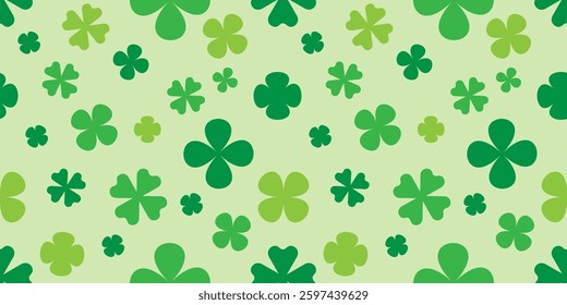 A seamless digital pattern featuring various green shamrocks on a light green background, perfect for St. Patrick’s Day decorations and designs. Vector illustration