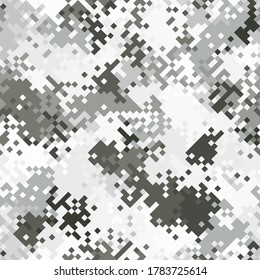 Seamless Digital Snow Polar Arctic Pixel Camo Texture For Army Or Hunting Textile Print. Vector Digital Military Camouflage Pattern. Snow White And Gray Color Palette