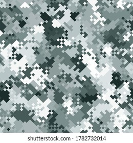 Seamless digital snow tundra pixel camo texture for army or hunting textile print. Vector digital military camouflage pattern. Snow white and dirt green color palette