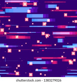 Seamless Digital Space Neon Background. Blurred Stripes Pattern. Bright Modern Print Design. Big Data Concept.