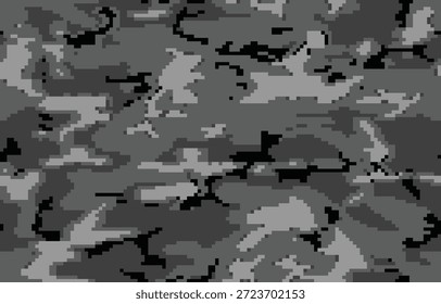 Um padrão de camuflagem urbana digital sem costura, incorporando pequenas formas pixeladas de preto, branco e cinza escuro.