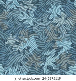 Seamless digital urban police camo texture for army or hunting textile print. Vector zebra style military camouflage pattern. Teal blue and dirt gray color palette