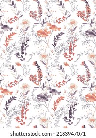 Seamless Digital Vector Hand painted colour reduced lilies and leaves in wild meadow pattern 