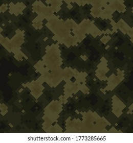 Seamless digital woodland pixel camo texture for army or hunting textile print. Vector digital military camouflage pattern. Dark brown wilted leaves color palette