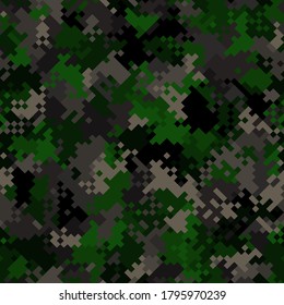 Seamless digital woodland pixel camo texture for army or hunting textile print. Vector digital military camouflage pattern. Green and brown dark color palette