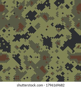 Seamless digital woodland pixel camo texture for army or hunting textile print. Vector digital military camouflage pattern. Dark brown wilted leaves color palette