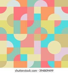 Seamless, digitally illustrated tile of an abstract and colorful pattern consisting of overlapping squares, rectangles and circles. Vector EPS8