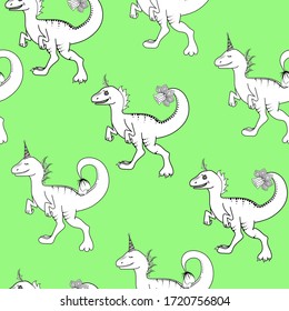 Seamless dino pattern. Black and white dinosaurs on a light green background. Grunge design for boys and girls. Bright seamless pattern for dinosaur lovers