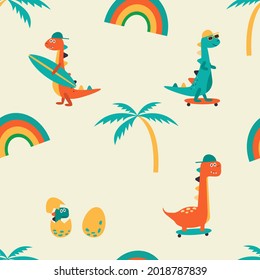 Seamless dino pattern. Seamless pattern of cute colorful dinosaurs with skeatboard and surf . Dinosaurs with sunglasses and baseball cap. Rainbow and palm tree. Vector illustration.	