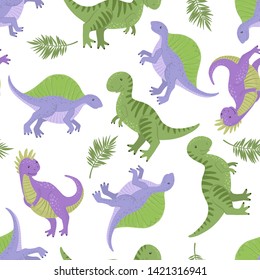 Seamless Dino pattern with cute dinosaurs isolated on white background. Creative childish texture. Design element for textile, fabric, wallpaper, wrapping paper, scrapbooking. Vector illustration.