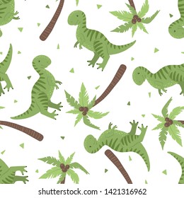 Seamless Dino pattern with cute dinosaurs and palm trees isolated on white background. Design element for textile, fabric, wallpaper, wrapping paper, scrapbooking. Vector illustration.