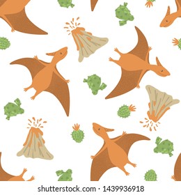 Seamless Dino pattern with cute pterodactyl dinosaur, volcano and cactus isolated on white background. Design element for textile, fabric, wallpaper, wrapping paper, scrapbooking. Vector illustration.