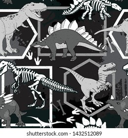 Seamless  Dino Pattern, Dinosaur Skeleton Print For T-shirts, Textiles, Wrapping Paper, Web. Original Design With T-rex,dinosaur.  Grunge Design For Boys . 
