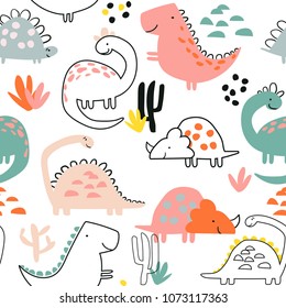 Seamless Dino pattern, print for T-shirts, textiles, wrapping paper, web. Original design with t-rex, dinosaur. Cute design for boys and girls.