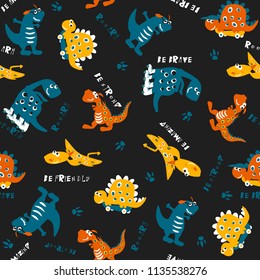 Seamless Dino pattern, print for T-shirts, textiles, wrapping paper, web. Original design with t-rex,dinosaur on skate. funnny design for boys .