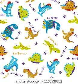 Seamless Dino pattern, print for T-shirts, textiles, wrapping paper, web. Original design with t-rex,dinosaur on skateboard. funnny design for boys .