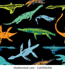 Seamless  Dino pattern, print for T-shirts, textiles, wrapping paper, web. Original design with dinosaur.  grunge design for boys . 