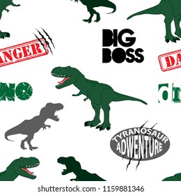 Seamless  Dino pattern, print for T-shirts, textiles, wrapping paper, web. Original design with t-rex.  grunge design for boys .  Isolated on white