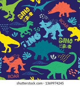 Seamless  Dino pattern, print for T-shirts, textiles, wrapping paper, web. Original design with t-rex,dinosaur.  grunge design for boys . 