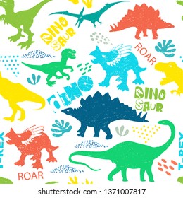 Seamless  Dino pattern, print for T-shirts, textiles, wrapping paper, web. Original design with t-rex,dinosaur.  grunge design for boys . 